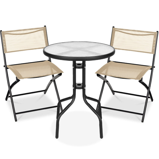 3-Piece Bistro Set w/ Glass Table, 2 Foldable Chairs