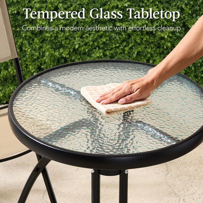 3-Piece Bistro Set w/ Glass Table, 2 Foldable Chairs
