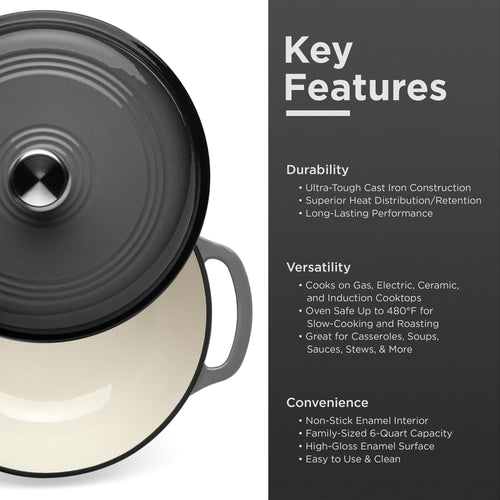 Cast-Iron Dutch Oven Kitchen Cookware w/ Enamel, Handles - 6qt