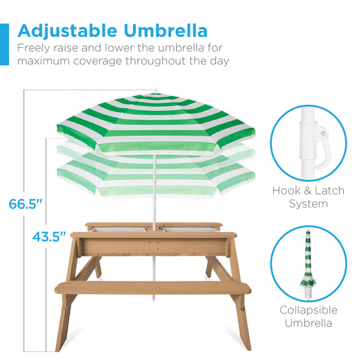 3-in-1 Kids Sand & Water Table Outdoor Wood Picnic Table w/ Umbrella