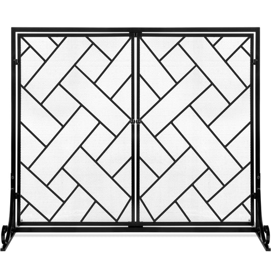 2-Panel Wrought Iron Geometric Fireplace Screen w/ Magnetic Doors - 44x33in