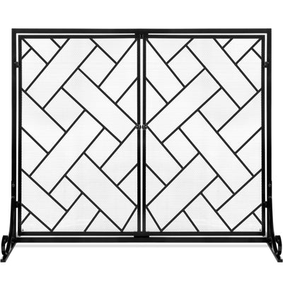 2-Panel Wrought Iron Geometric Fireplace Screen w/ Magnetic Doors - 44x33in