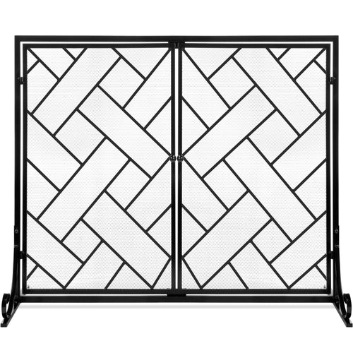 2-Panel Wrought Iron Geometric Fireplace Screen w/ Magnetic Doors - 44x33in