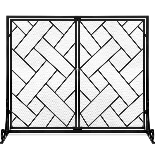 2-Panel Wrought Iron Geometric Fireplace Screen w/ Magnetic Doors - 44x33in