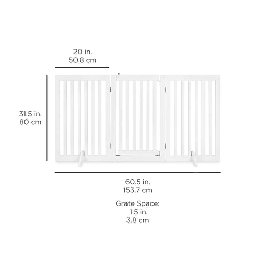 31.5in 3-Panel Freestanding Wooden Pet Gate w/ Door, Support Feet