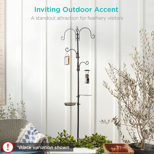4-Hook Bird Feeding Station, Steel Feeder Stand w/ 2 Bird Feeders - 91in
