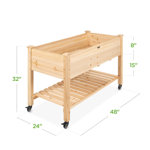 Mobile Raised Garden Bed Elevated Planter w/ Wheels, Shelf - 48x24x32in