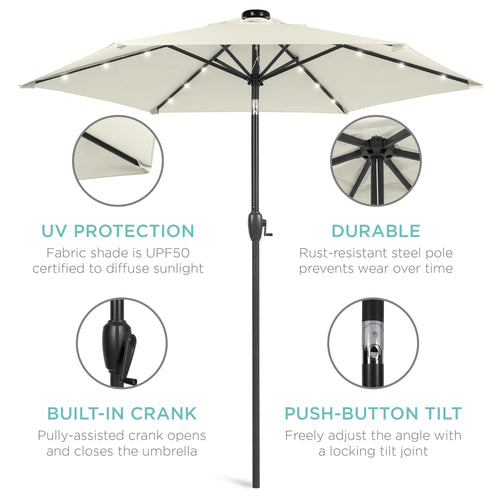 Outdoor Solar Patio Umbrella w/ Push Button Tilt, Crank Lift - 7.5ft