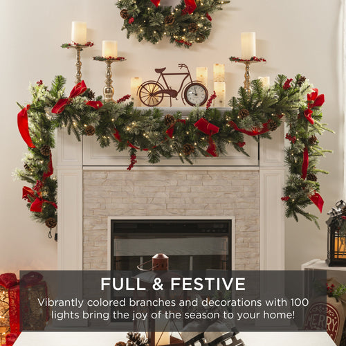 9ft Pre-Lit Christmas Garland w/ 50 Lights, Pine Cones, Berries