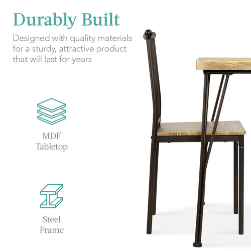 3-Piece Metal Wood Square Dining Table Furniture Set w/ 2 Chairs