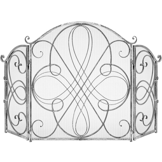 3-Panel Wrought Iron Metal Fireplace Screen Cover w/ Scroll Design - 55x33in