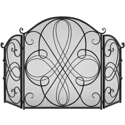 3-Panel Wrought Iron Metal Fireplace Screen Cover w/ Scroll Design - 55x33in