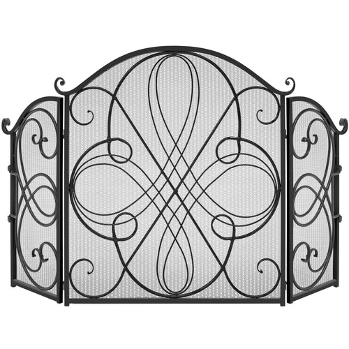 3-Panel Wrought Iron Metal Fireplace Screen Cover w/ Scroll Design - 55x33in