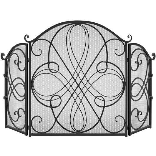 3-Panel Wrought Iron Metal Fireplace Screen Cover w/ Scroll Design - 55x33in