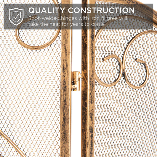 3-Panel Wrought Iron Metal Fireplace Screen Cover w/ Scroll Design - 55x33in