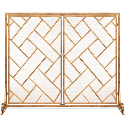 2-Panel Wrought Iron Geometric Fireplace Screen w/ Magnetic Doors - 44x33in