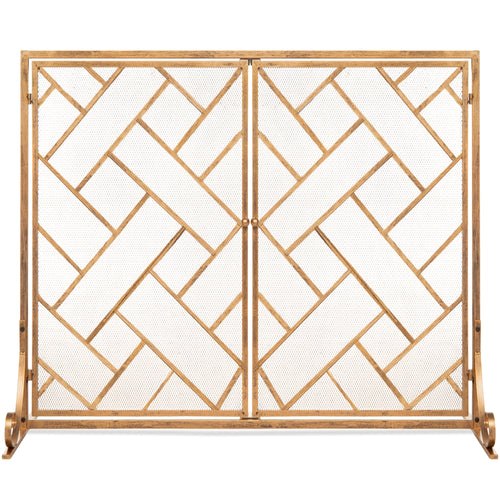 2-Panel Wrought Iron Geometric Fireplace Screen w/ Magnetic Doors - 44x33in