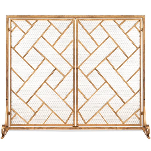 2-Panel Wrought Iron Geometric Fireplace Screen w/ Magnetic Doors - 44x33in