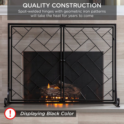 2-Panel Wrought Iron Geometric Fireplace Screen w/ Magnetic Doors - 44x33in