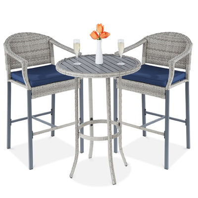 3-Piece Outdoor Bistro Wicker Table Bar Set w/ Bar Stools, Footrests