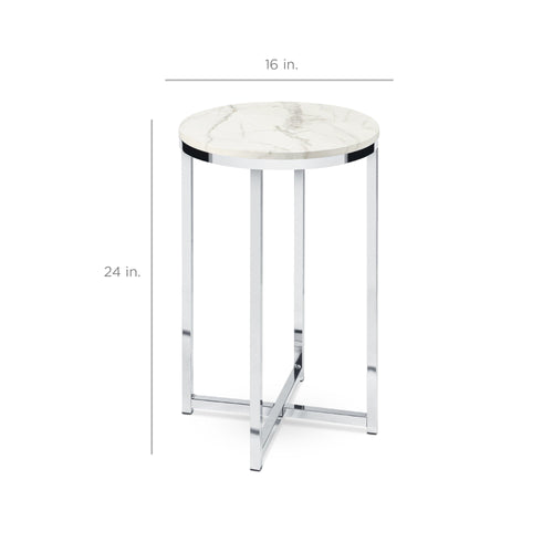 Round Coffee Side Table w/ Faux Marble Top, Metal Frame - 16in