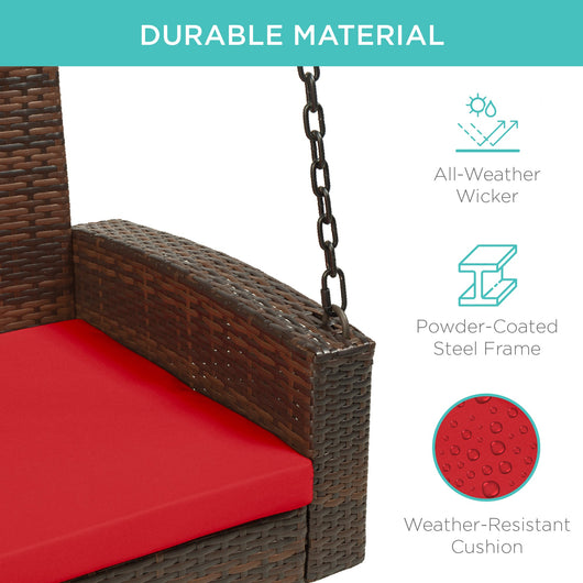 Woven Wicker Hanging Porch Swing Bench w/ Mounting Chains, Seat Cushion