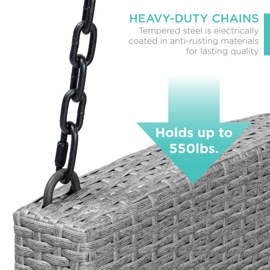 Woven Wicker Hanging Porch Swing Bench w/ Mounting Chains, Seat Cushion