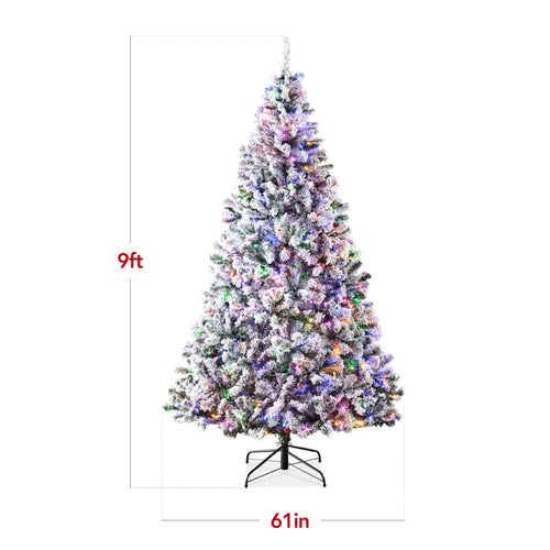 Pre-Lit Snow Flocked Artificial Pine Christmas Tree w/ Multicolored Lights