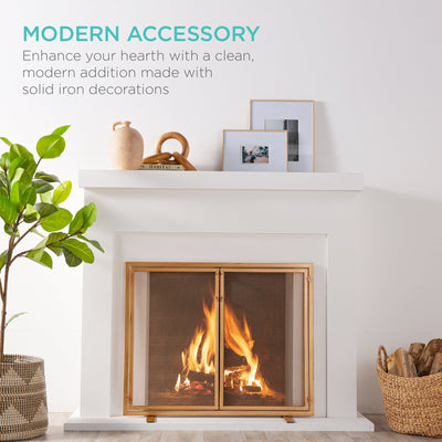 2-Door Wrought Iron Fireplace Screen w/ Magnetic Doors - 38.5x41in