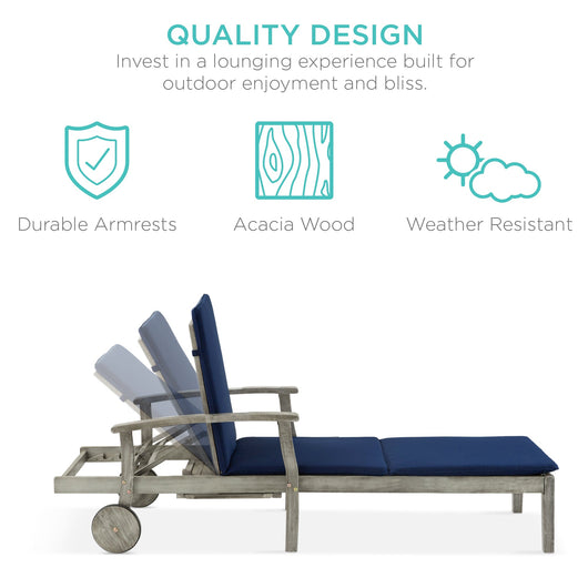 Adjustable Acacia Wood Chaise Lounge Chair w/ Side Table, Wheels - 79x26in