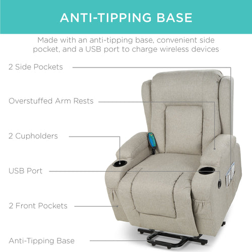 Electric Power Lift Recliner Massage Chair w/ Heat, USB Port, Cupholders