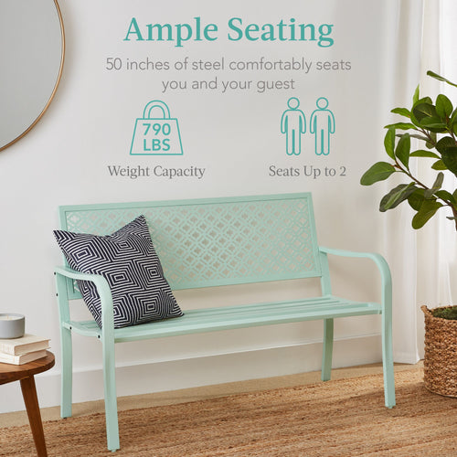 Indoor Outdoor Steel Bench w/ Geometric Backrest, Foot Levelers