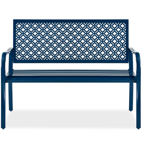 Indoor Outdoor Steel Bench w/ Geometric Backrest, Foot Levelers