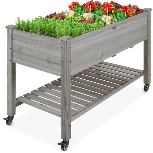Mobile Raised Garden Bed Elevated Planter w/ Wheels, Shelf - 48x24x32in