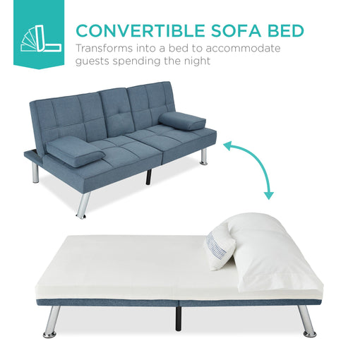 Linen Upholstered Convertible Sofa Bed Futon w/ 2 Cupholders