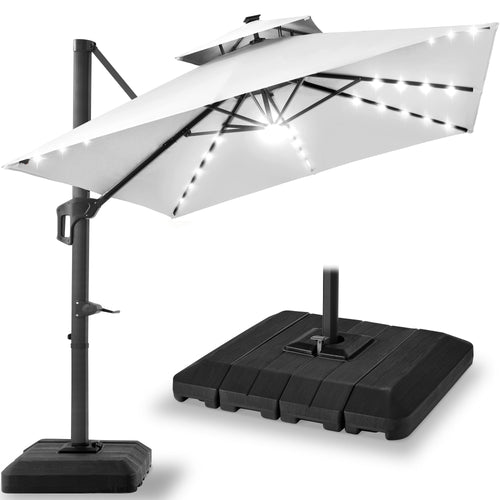 2-Tier Square LED Cantilever Offset Umbrella w/ 360 Rotation, Base - 10x10ft