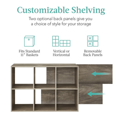 6-Cube Bookshelf, 11in Storage Display w/ Removable Panels, Customizable