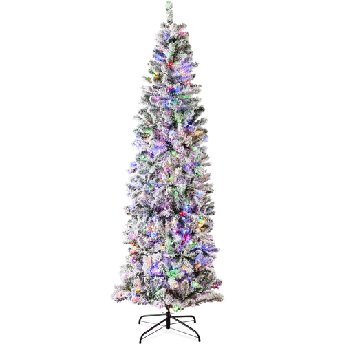 Pre-Lit Snow Flocked Artificial Pencil Christmas Tree w/ Multicolor Lights