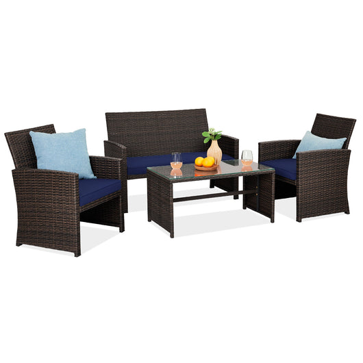 4-Piece Outdoor Wicker Conversation Patio Set w/ 4 Seats, Glass Table Top