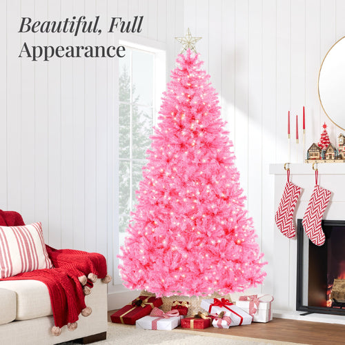Pre-Lit Artificial Pink Christmas Tree w/ Incandescent Lights, Metal Stand
