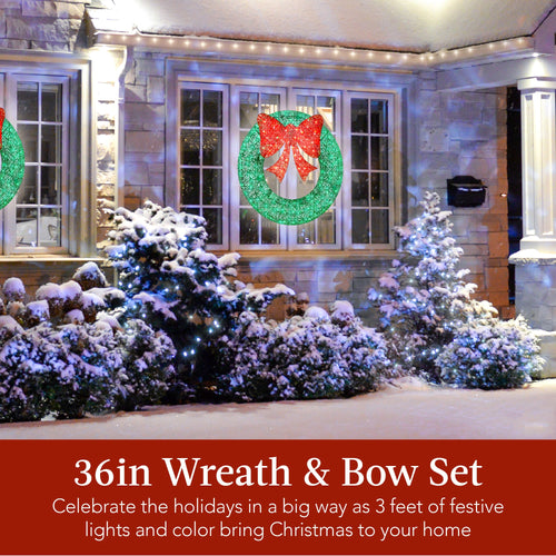 Pre-Lit Outdoor Christmas Wreath, LED Metal Holiday Decor w/ Bow - 36in