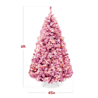 Prelit Pink Christmas Tree, Snow Flocked Full Holiday Decor w/ Metal Base