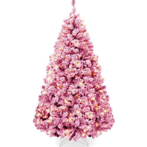 Prelit Pink Christmas Tree, Snow Flocked Full Holiday Decor w/ Metal Base