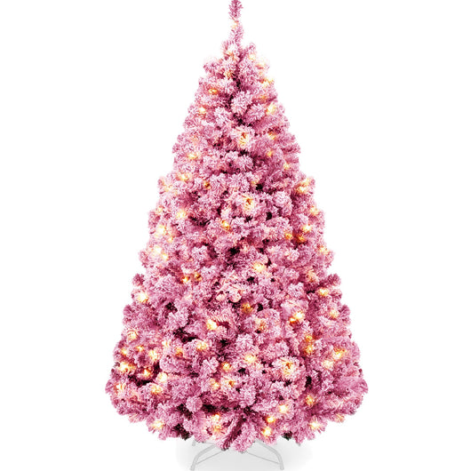 Prelit Pink Christmas Tree, Snow Flocked Full Holiday Decor w/ Metal Base
