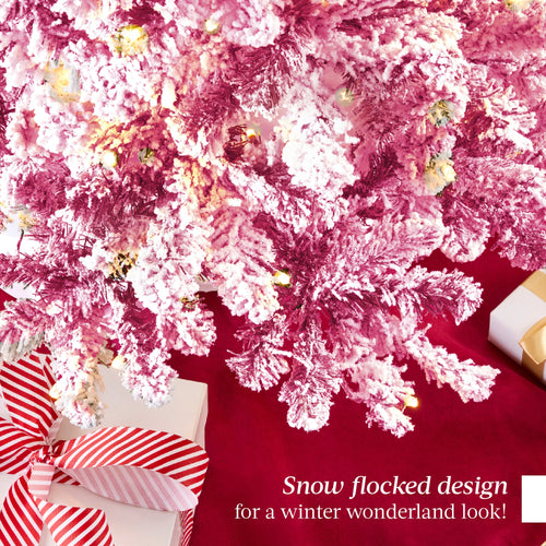 Prelit Pink Christmas Tree, Snow Flocked Full Holiday Decor w/ Metal Base