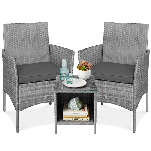 3-Piece Outdoor Patio Wicker Bistro Set w/ Side Storage Table