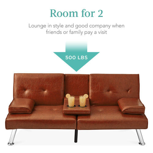 Faux Leather Upholstered Convertible Sofa Bed Futon w/ 2 Cupholders