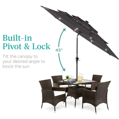 3-Tier Solar Patio Umbrella w/ LED Lights, Tilt Adjustment, Crank - 10ft