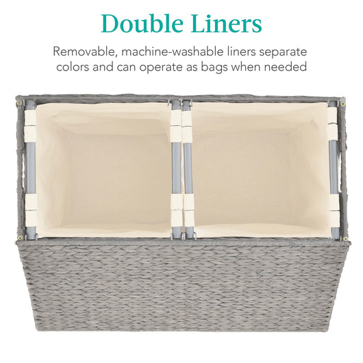 Large Water Hyacinth Double Laundry Hamper Basket w/ 2 Liner Bags