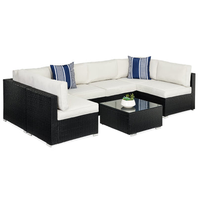 7-Piece Modular Wicker Sectional Conversation Set w/ 2 Pillows, Cover